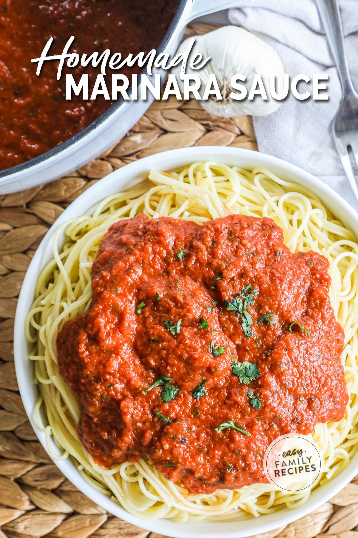 above image of a plate of spaghetti piled with homemade marinara sauce.