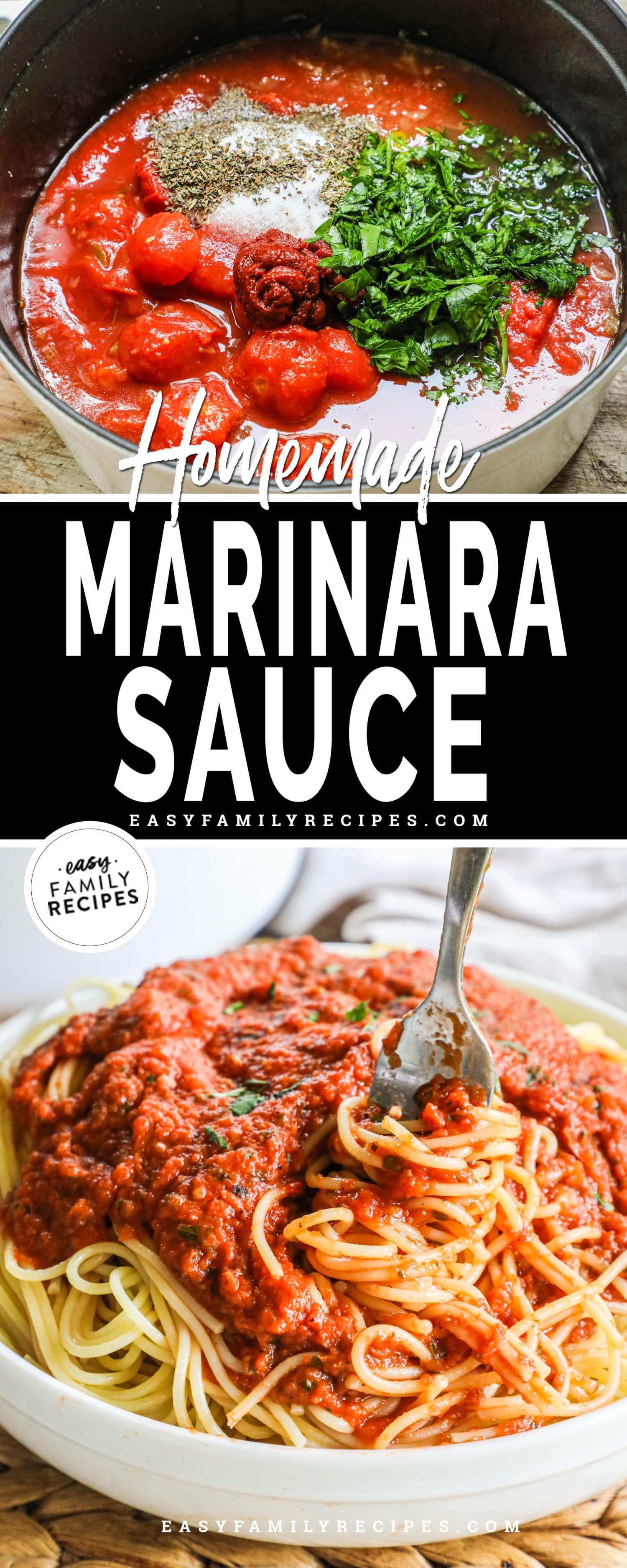 two images of marinara sauce, one with all ingredients in a pot and the second with sauce served over spaghetti.
