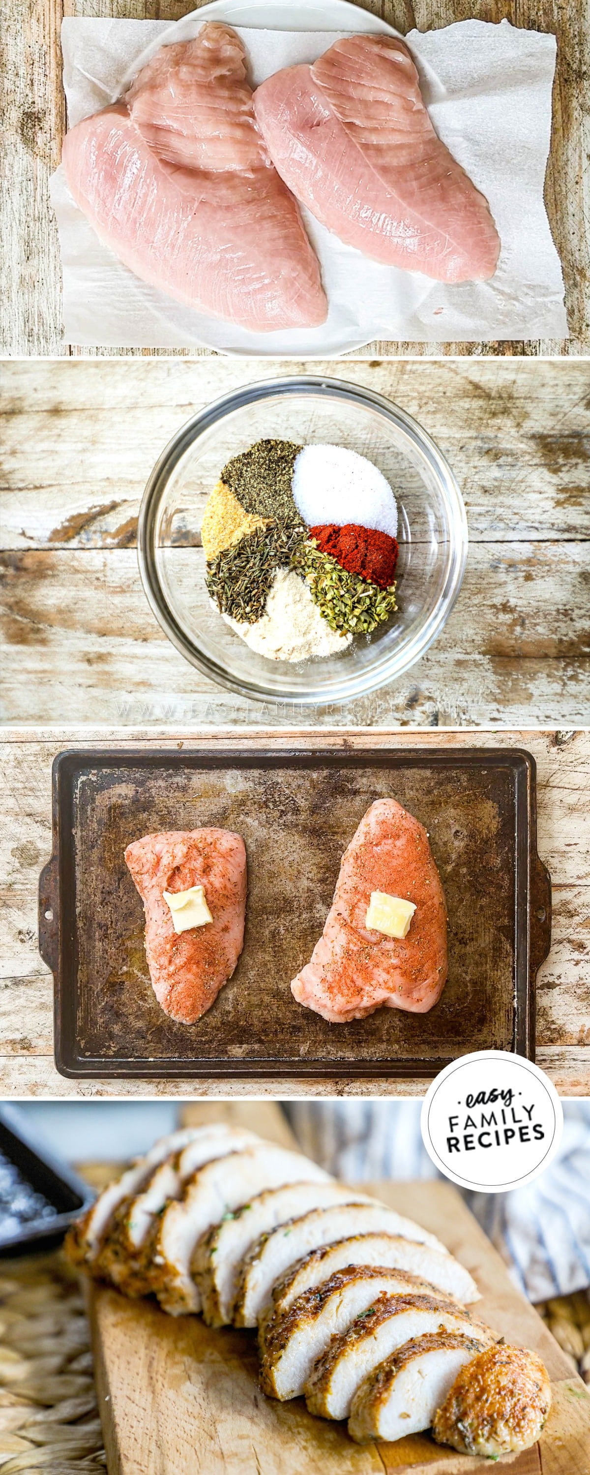 Picture of a bowl of seasonings and a pan of 2 seasoned turkey tenderloins with a cube of butter on top before going into the oven.