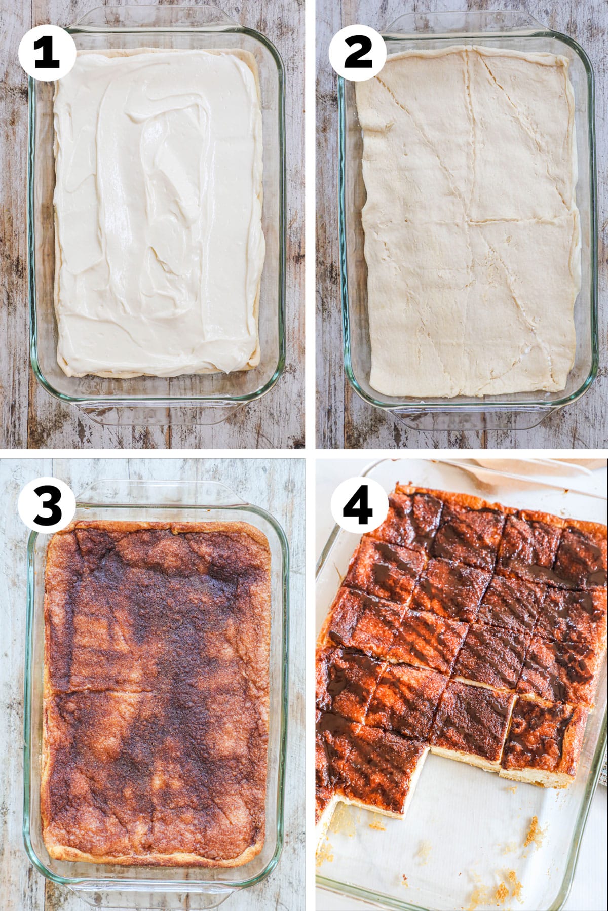 How to make churro cheesecake bars: 1) add cheesecake layer to the bottom crust, 2) add top crust, 3) dust with cinnamon sugar, 4) bake and cut