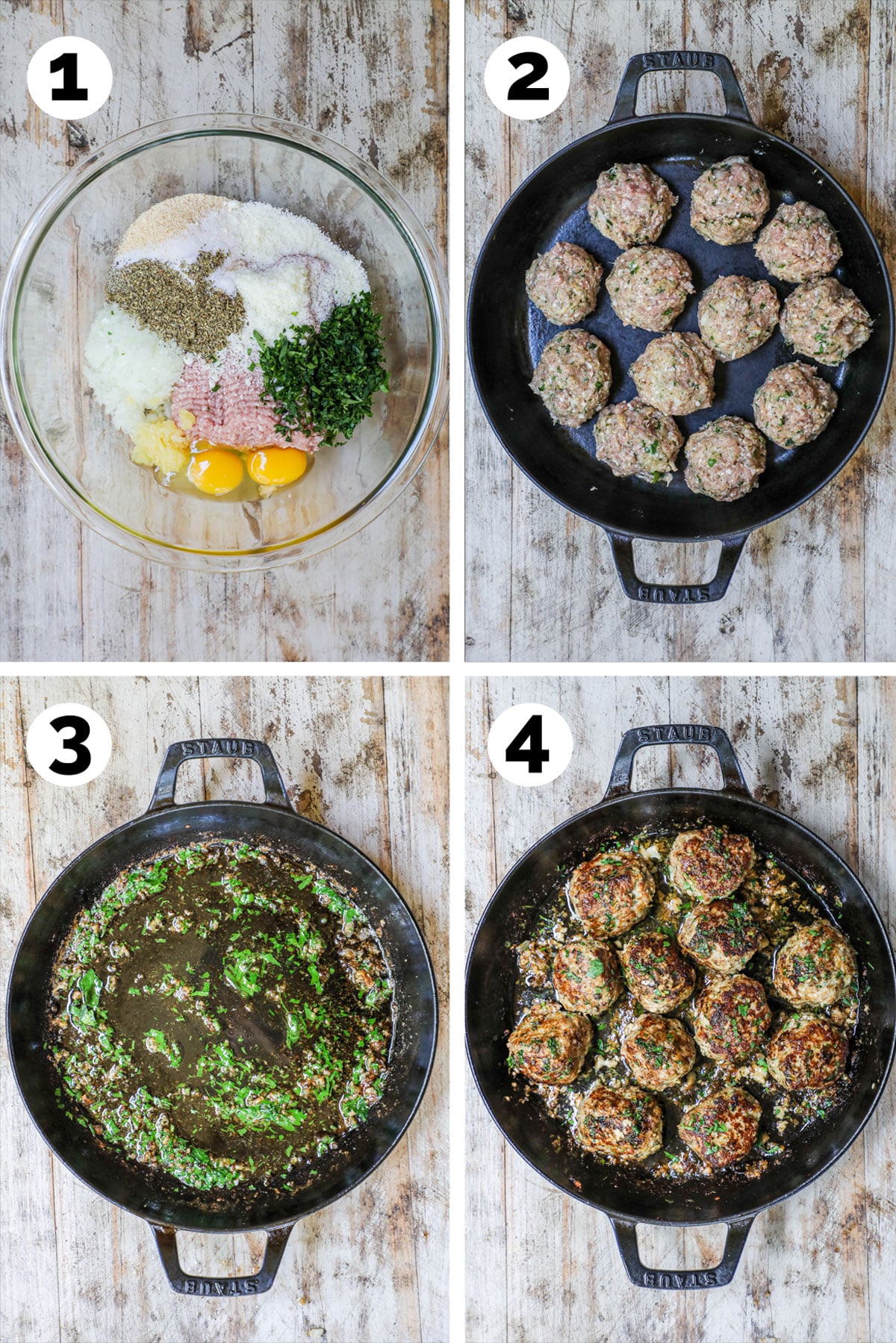 Process photos for how to make garlic butter meatballs: 1. Combine ground turkey, seasonings, garlic, butter, parmesan in a mixing bowl. 2. form into meatballs and brown on each side in skillet. 3. Make garlic butter sauce. 4. Place meatballs in garlic butter sauce and bake to finish.
