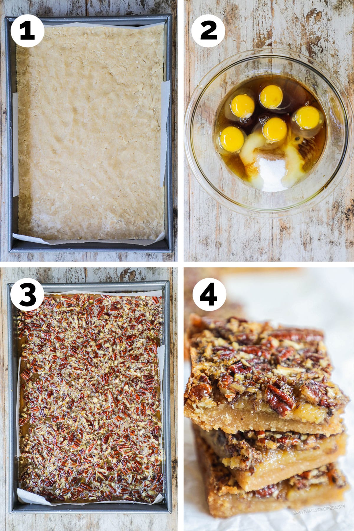 how to make pecan pie bars 1)make the crust, 2)make the filling, 3) assemble and bake, 4) serve!