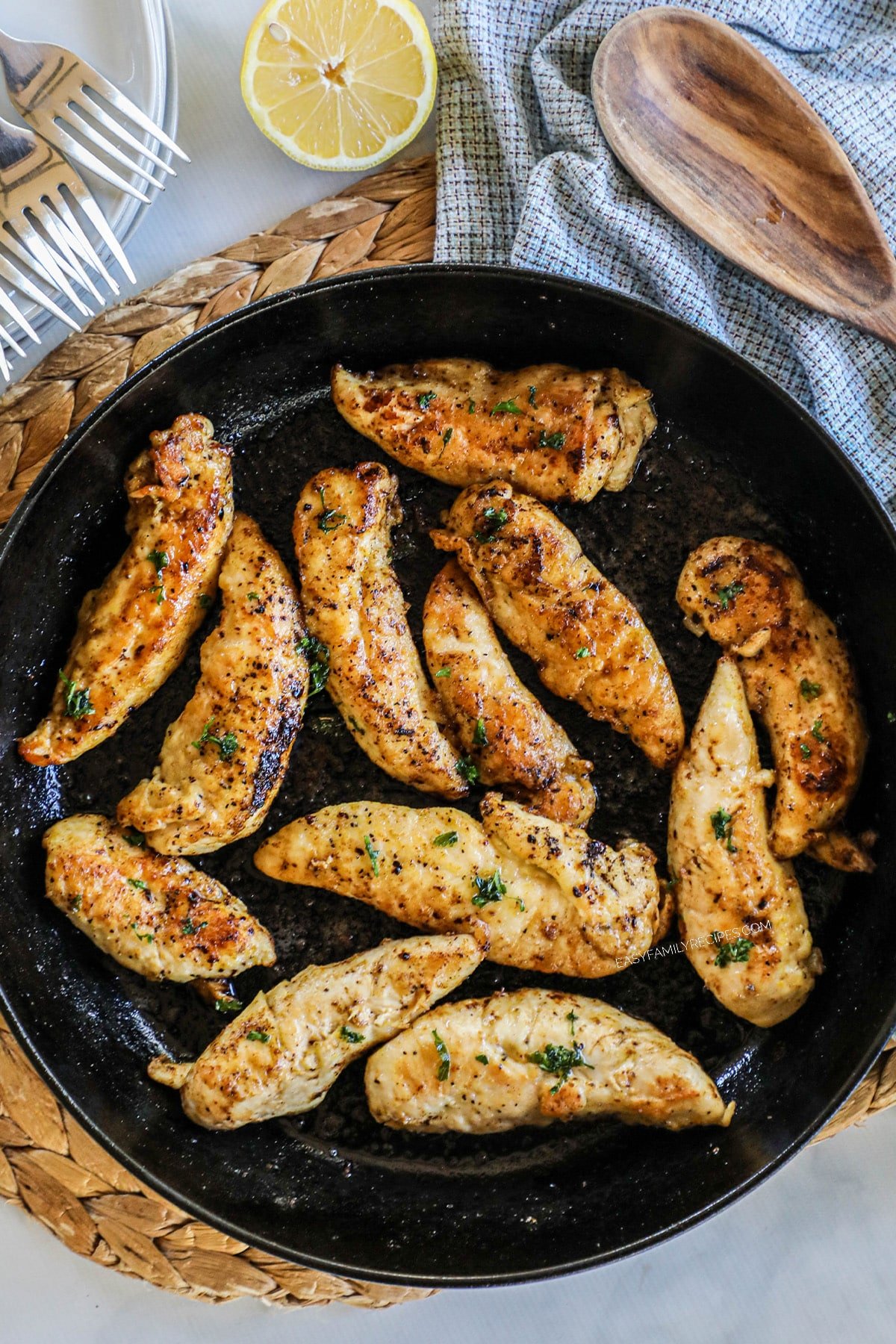 Lemon Pepper Chicken Tenders recipe prepared in a pan.