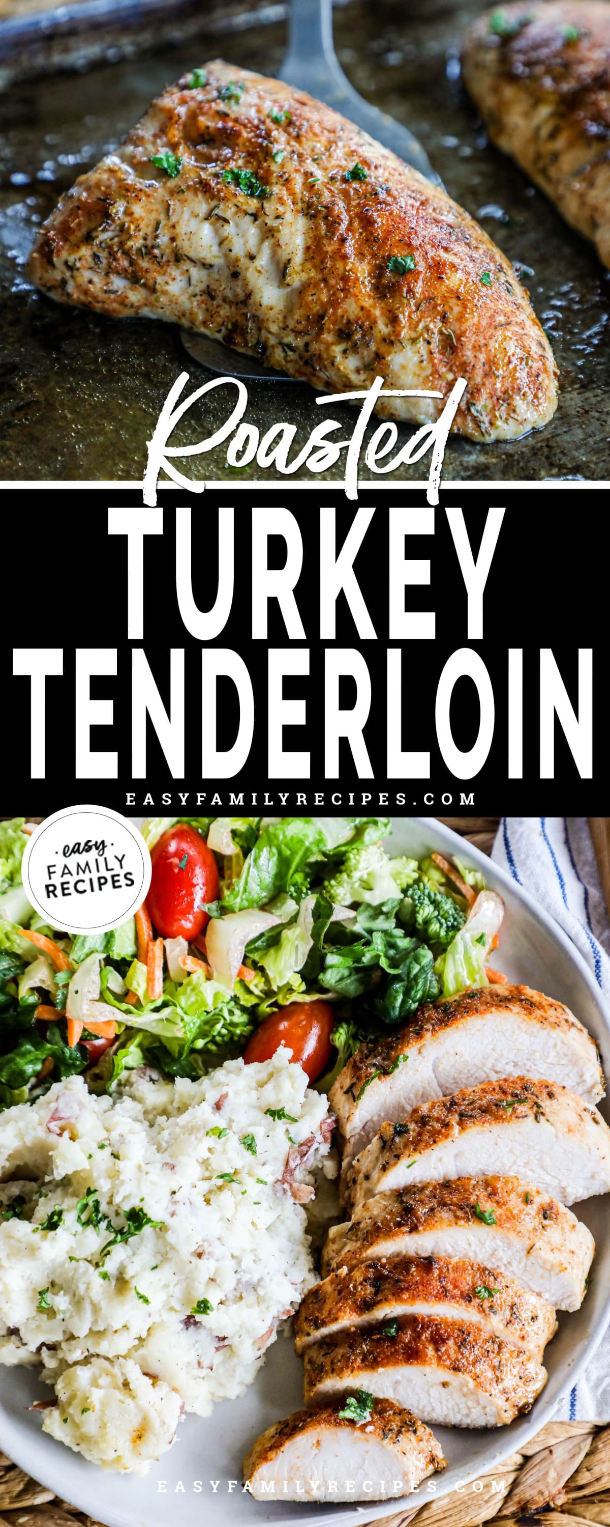 First image is oven a delicious, crispy and seasoned turkey tenderloin. The second picture is a plated, sliced turkey breast tenderloin. It is alongside mashed potatoes and a green salad.