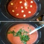 Process photos for how to make tomato soup in a crockpot.