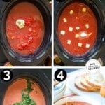 Process photos for how to make tomato soup in a crockpot.