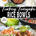 an above image of all teriyaki turkey bowl ingredients and an assembled ground turkey teriyaki rice bowl.