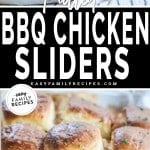 Top photo: pulled BBQ chicken sliders on plate with salad, bottom photo: sliders lined up in baking dish