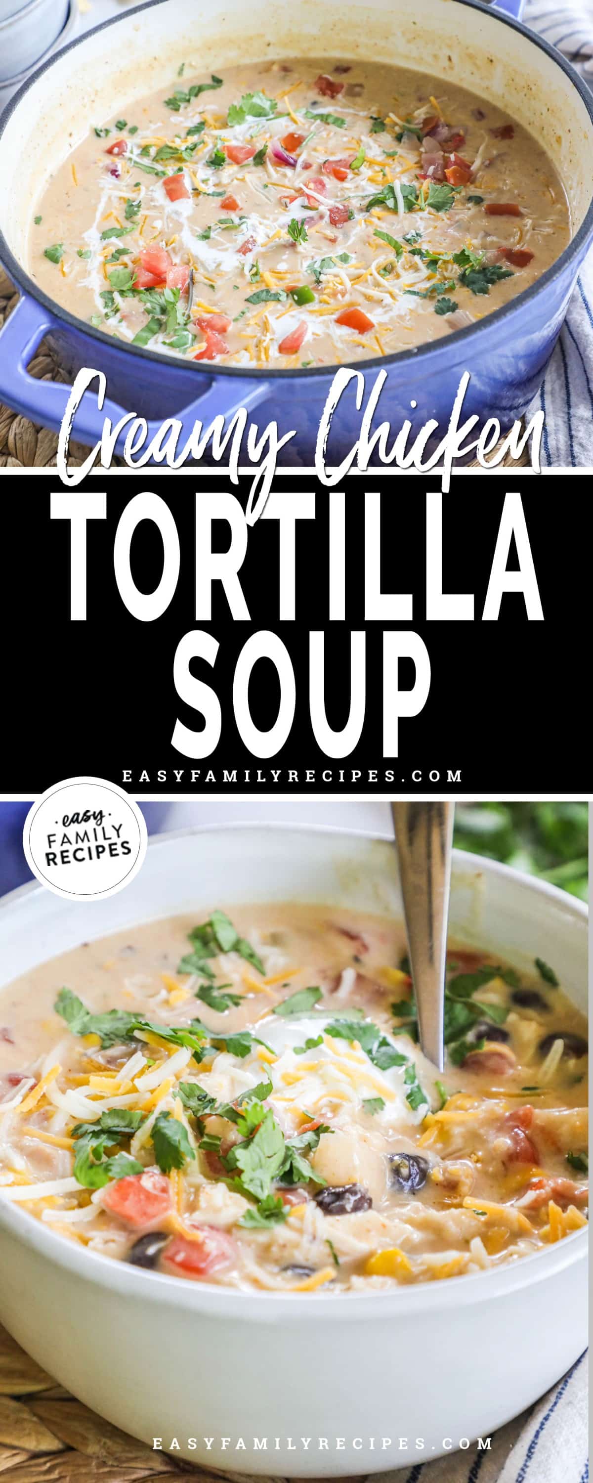 A blue pot of creamy chicken tortilla soup with a single portion in a white bowl with a spoon.
