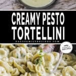 Two images - top image is a process shot of creamy tortellini before being mixed. bottom pic is tortellini in a bowl