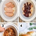 how to make bbq chicken sliders, 1) add chicken to the crockpot, 2)add seasonings and bbq sauce, 3) cook and shred, 4) serve on slider buns.