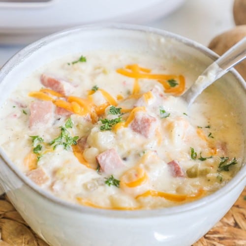 A white bowl of creamy potato soup with ham topped with cheddar cheese.