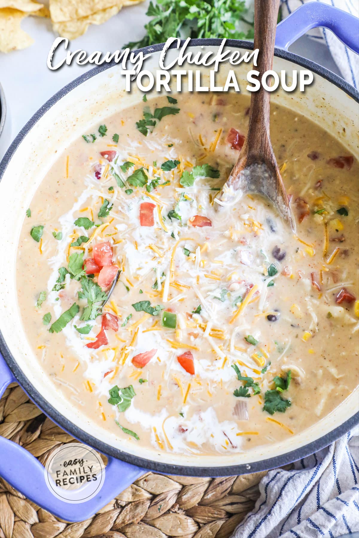a large pot of creamy soup topped with tomatoes and cilantro.