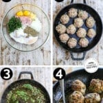 step by step for how to make garlic butter meatballs: 1. Combine ground turkey, seasonings, garlic, butter, parmesan in a mixing bowl. 2. form into meatballs and brown on each side in skillet. 3. Make garlic butter sauce. 4. Place meatballs in garlic butter sauce and bake to finish.