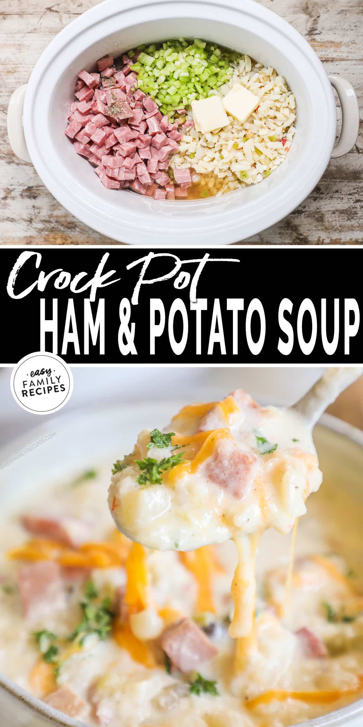 A Crock Pot full of ingredients to make ham and potato soup and a white bowl full of the finished soup topped with cheese.