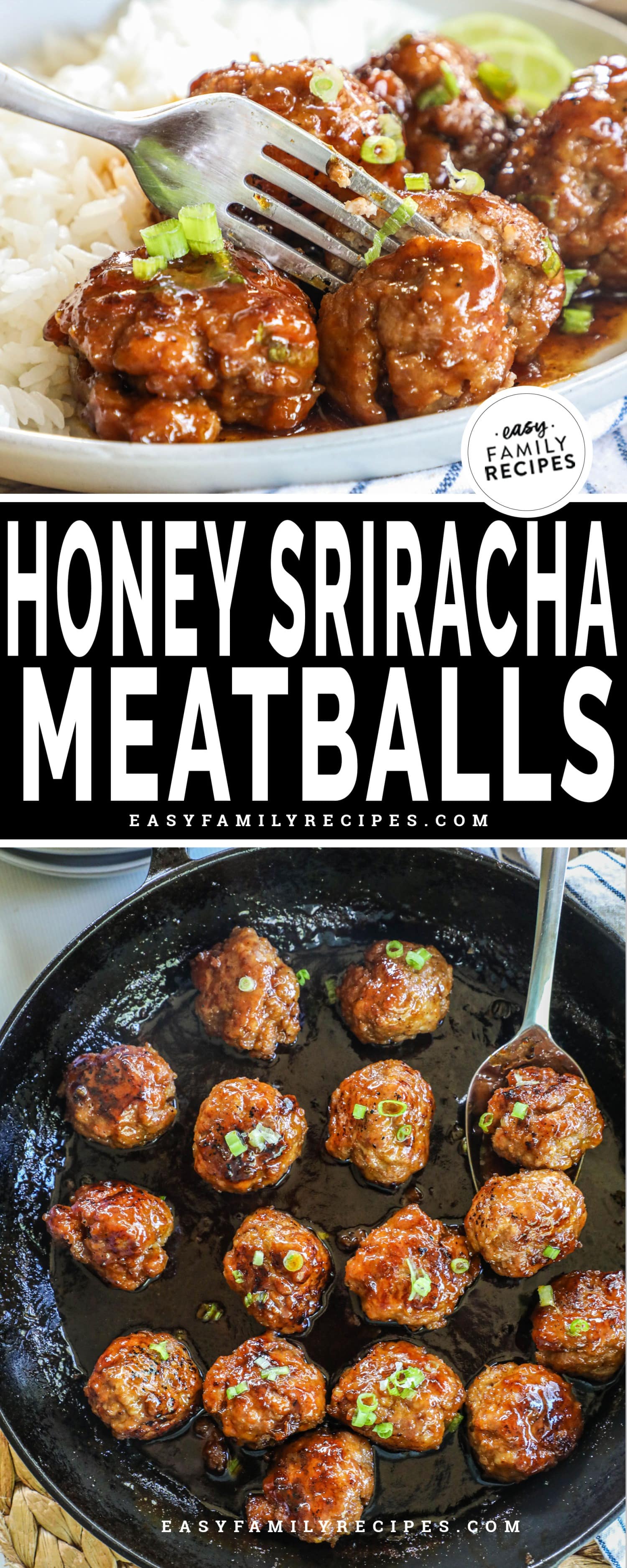 Top photo: Fork cutting into tender honey sriracha meatball on plate, Bottom photo: Spoon picking up meatballs from skillet