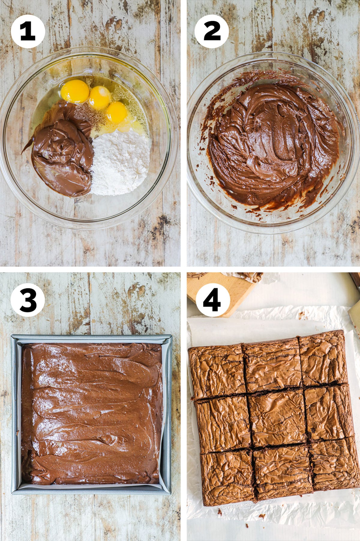 how to make Nutella brownies 1) add all ingredients to a bowl, 2) mix, 3) transfer to a baking dish, 4) bake and serve!