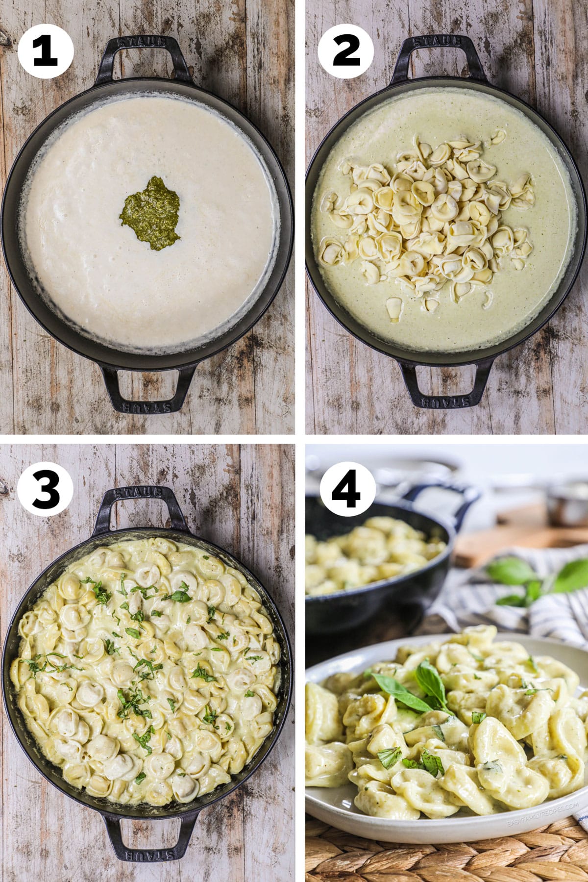 how to cook creamy pesto tortellini 1)make the pesto cream sauce 2)add in tortellini 3)simmer and garnish 4)serve.