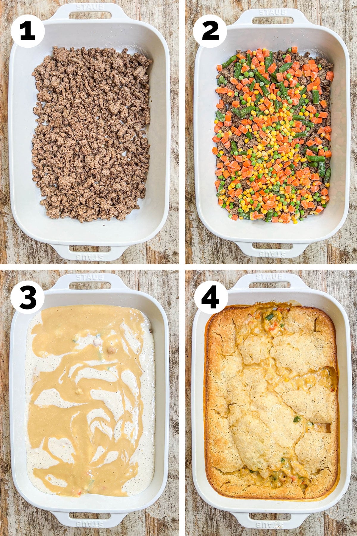 How to make ground beef cobbler: 1) Brown the beef, 2) Add the frozen vegetables, 3) Add the biscuit mix and soup mixture, 4) Bake and serve
