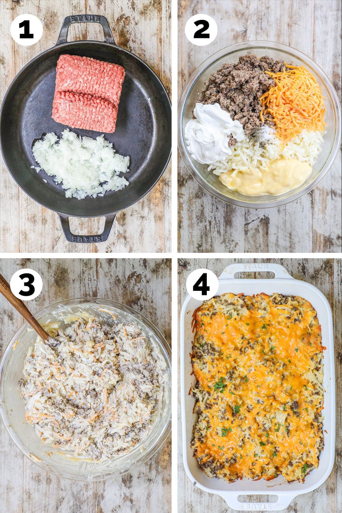 How to make ground beef hashbrown casserole: 1) brown the beef and onion, 2) add the ingredients to mixing bowl, 3) stir to combine, 4) bake in casserole dish with cheese on top