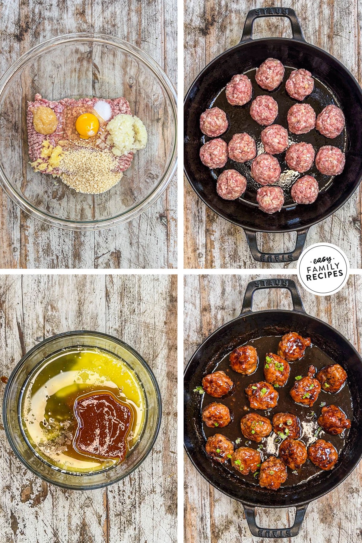 How to make honey sriracha meatballs: 1) Combine the meatball ingredients, 2) Sear the meatballs in a skillet, 3) Make the sauce, 4) Simmer the meatballs in the sauce