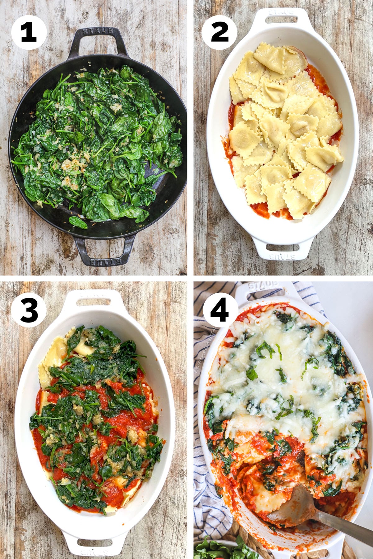 How to make cheesy spinach ravioli bake: 1) Cook the vegetables, 2) Layer ravioli over marinara, 3) Add the remaining ingredients, 4) Bake and serve