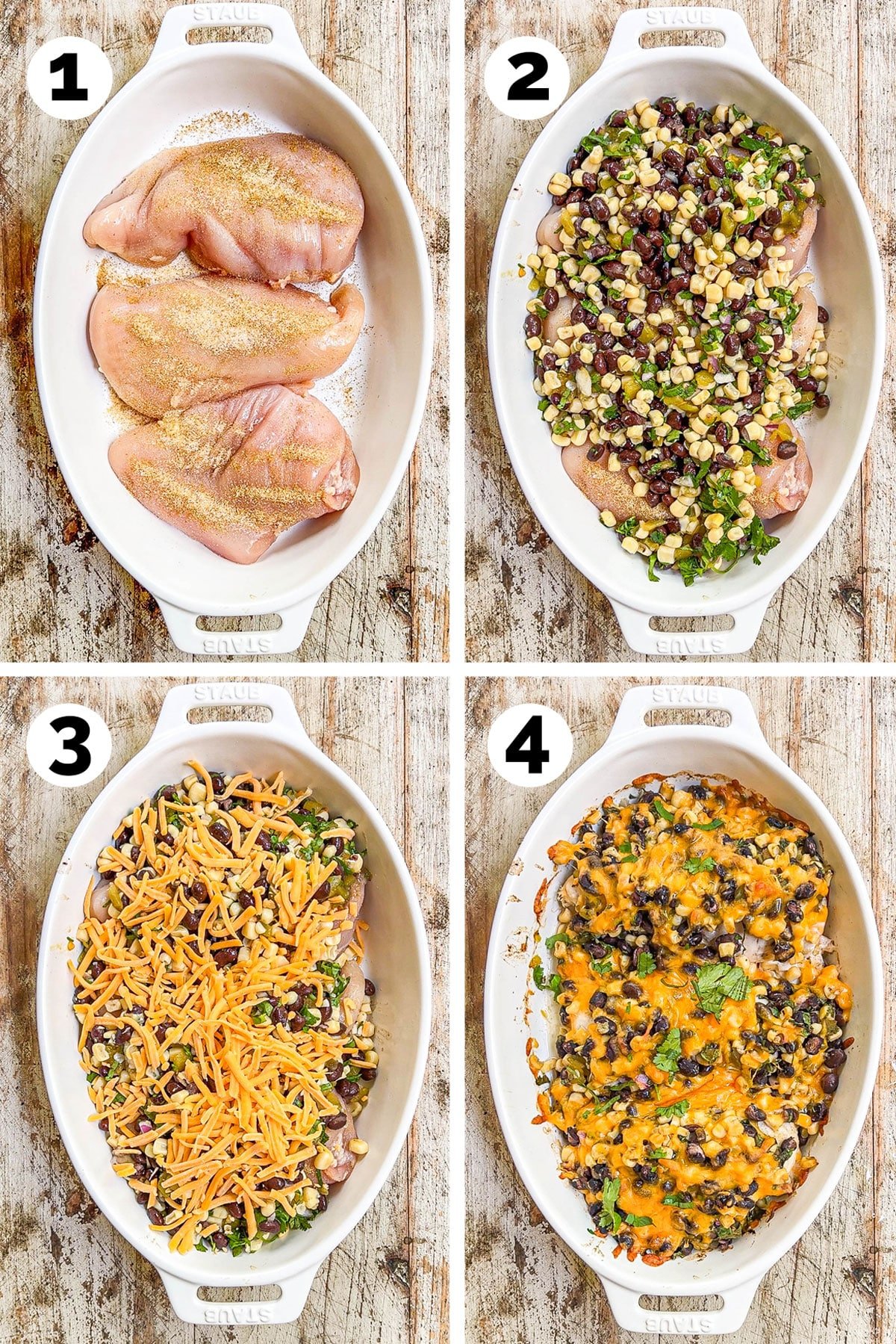 How to make Santa Fe chicken bake: 1) Season the chicken, 2) Add the vegetable topping, 3) Add the cheese, 4) Bake