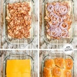 How to make pulled BBQ chicken sliders: 1) add the chicken, 2) add the onions, 3) add the cheese, 4) top with garlic butter Hawaiian rolls