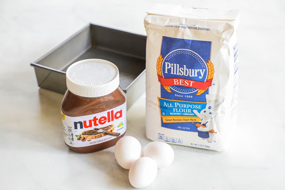 3 ingredient nutella brownies ingredients on a counter.