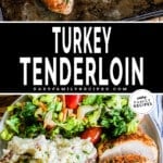 Turkey tenderloin on a baking sheet and then cut and served on a plate with salad.