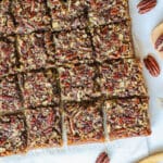 Finished overhead of Southern pecan pie bars sliced into squares.