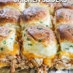 Baking dish of pulled BBQ chicken sliders