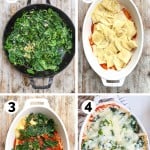 How to make cheesy spinach ravioli bake: 1) Cook the vegetables, 2) Layer ravioli over marinara, 3) Add the remaining ingredients, 4) Bake and serve