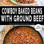 Full skillet of cowboy baked beans, and a plate of beef baked beans ready to eat for dinner.