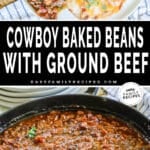 Full skillet of cowboy baked beans, and a plate of beef baked beans ready to eat for dinner.