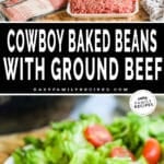 Ingredients for cowboy baked beans with ground beef- then the finished recipe served on a plate.