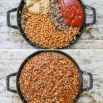 Process photos of how to make cowboy baked beans with ground beef.