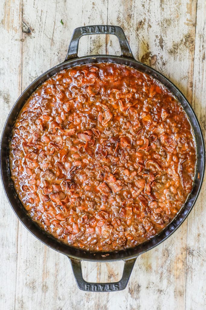 How to make Cowboy Baked Beans with ground beef Step 5: bake until the edges are bubbly and the top is caramelized.