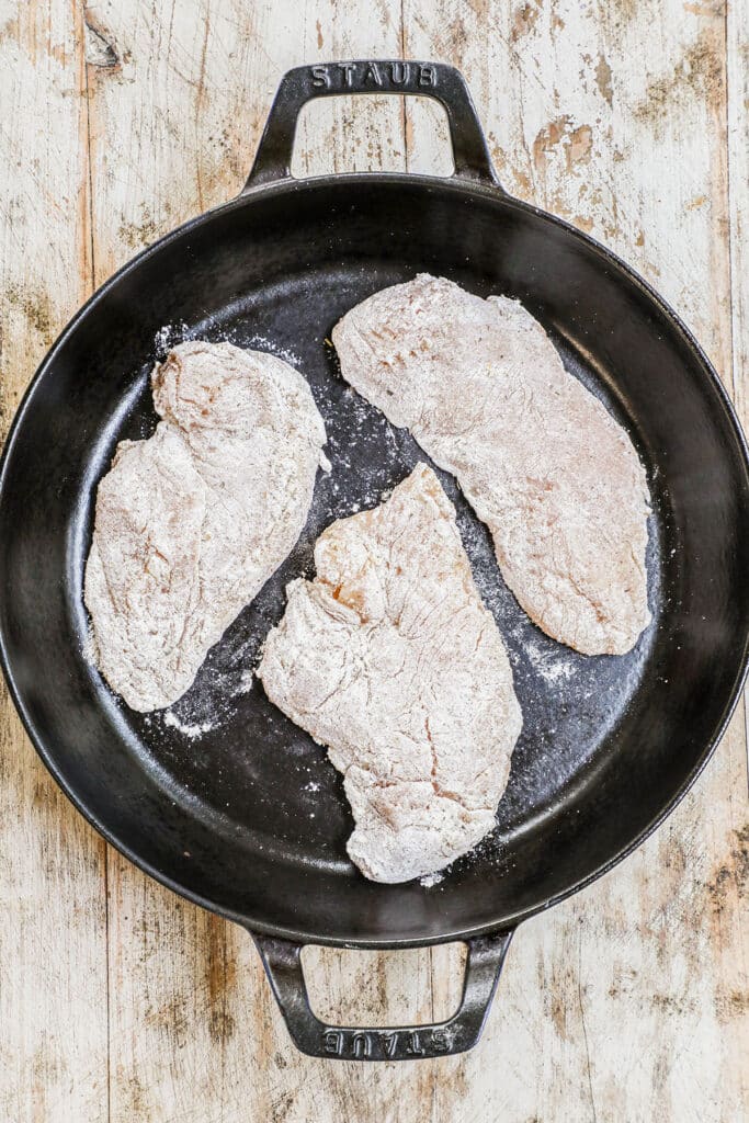 How to make Marry me chicken and tortellini step 1. Coat the chicken in flour and fry on both sides in a large deep sided skillet.