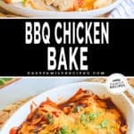 BBQ Chicken in casserole dish and then served on a plate with side salad.