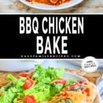 BBQ Chicken in casserole dish and then served on a plate with side salad.