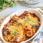 BBQ Chicken in baking dish on dinner table ready to eat.