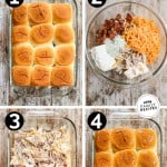 How to make chicken bacon ranch sliders: 1) add rolls to baking dish, 2) stir together filling ingredients, 3) spread filling onto rolls, 4) brush tops of rolls with garlic butter