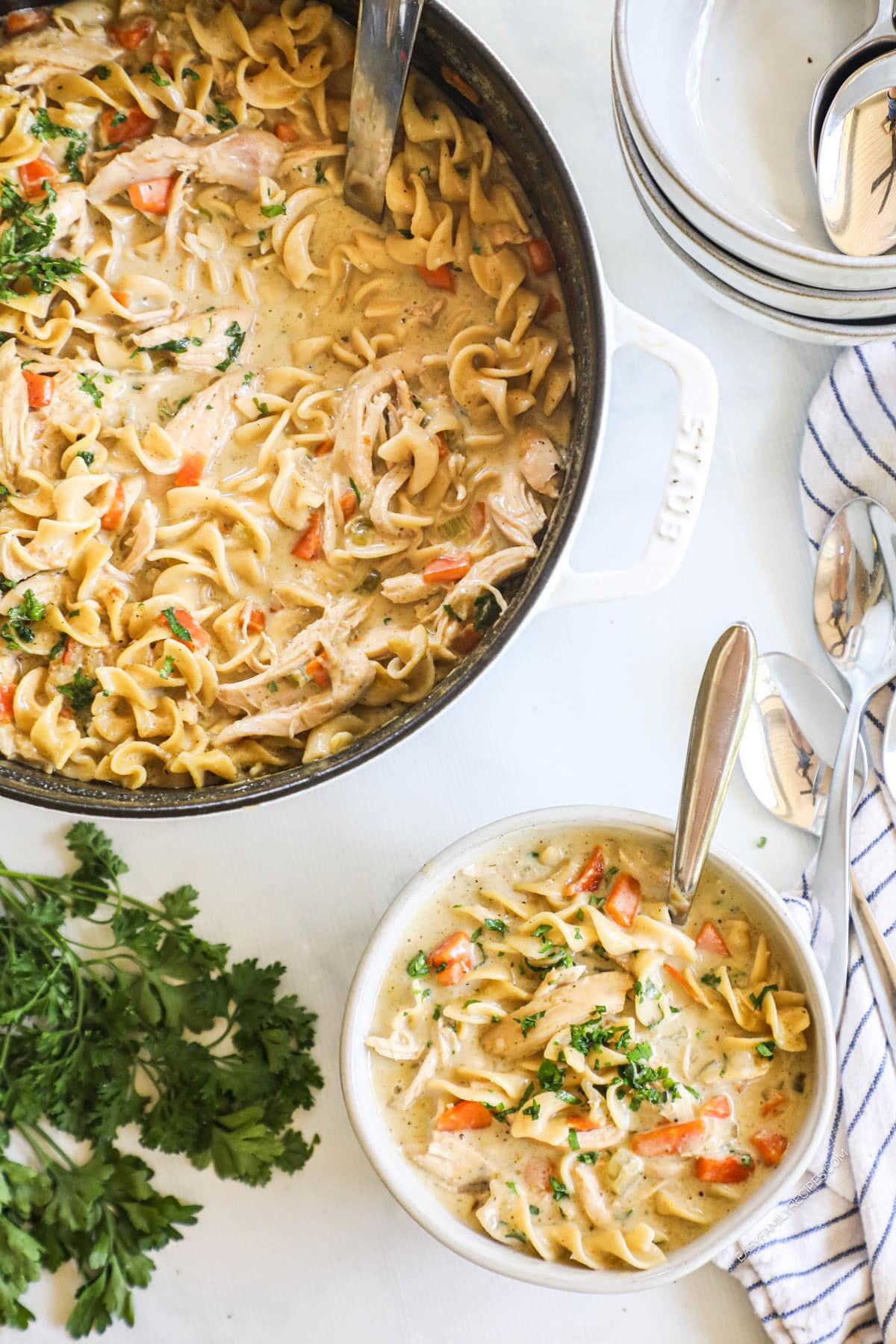 A large pot of creamy chicken noodle soup with one white bowl ready to serve.