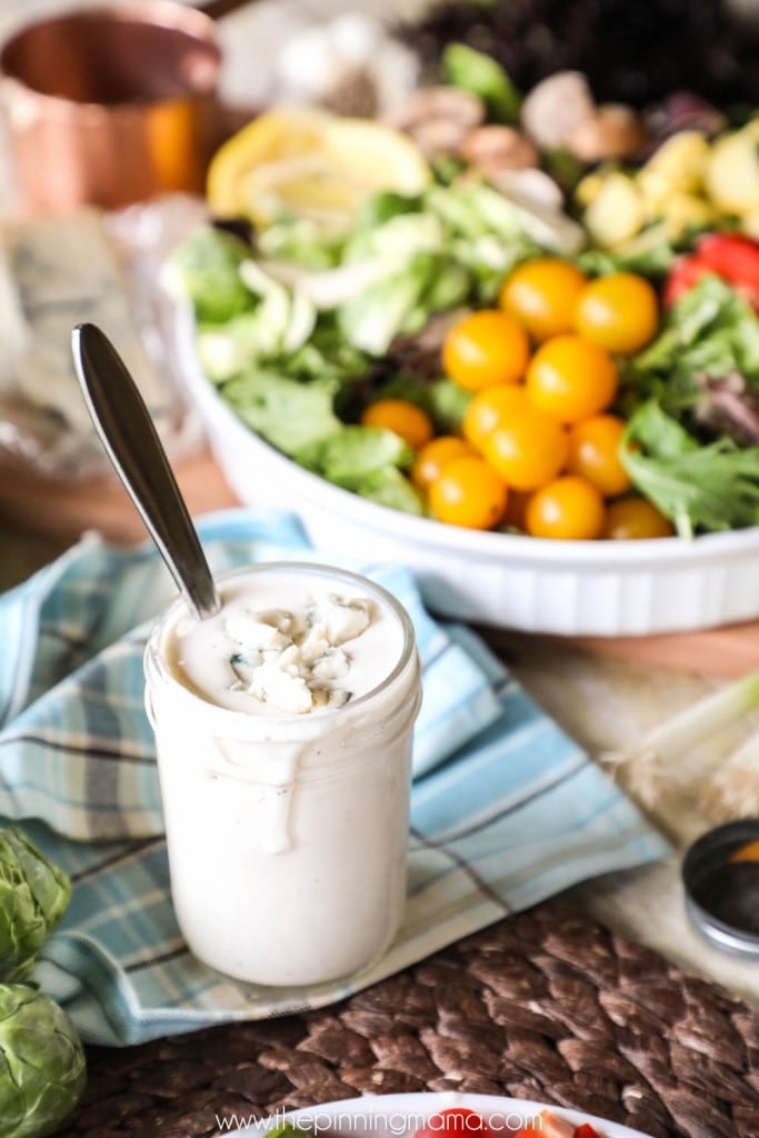 Blue Cheese Dressing in a mason jar out to serve with chicken wings