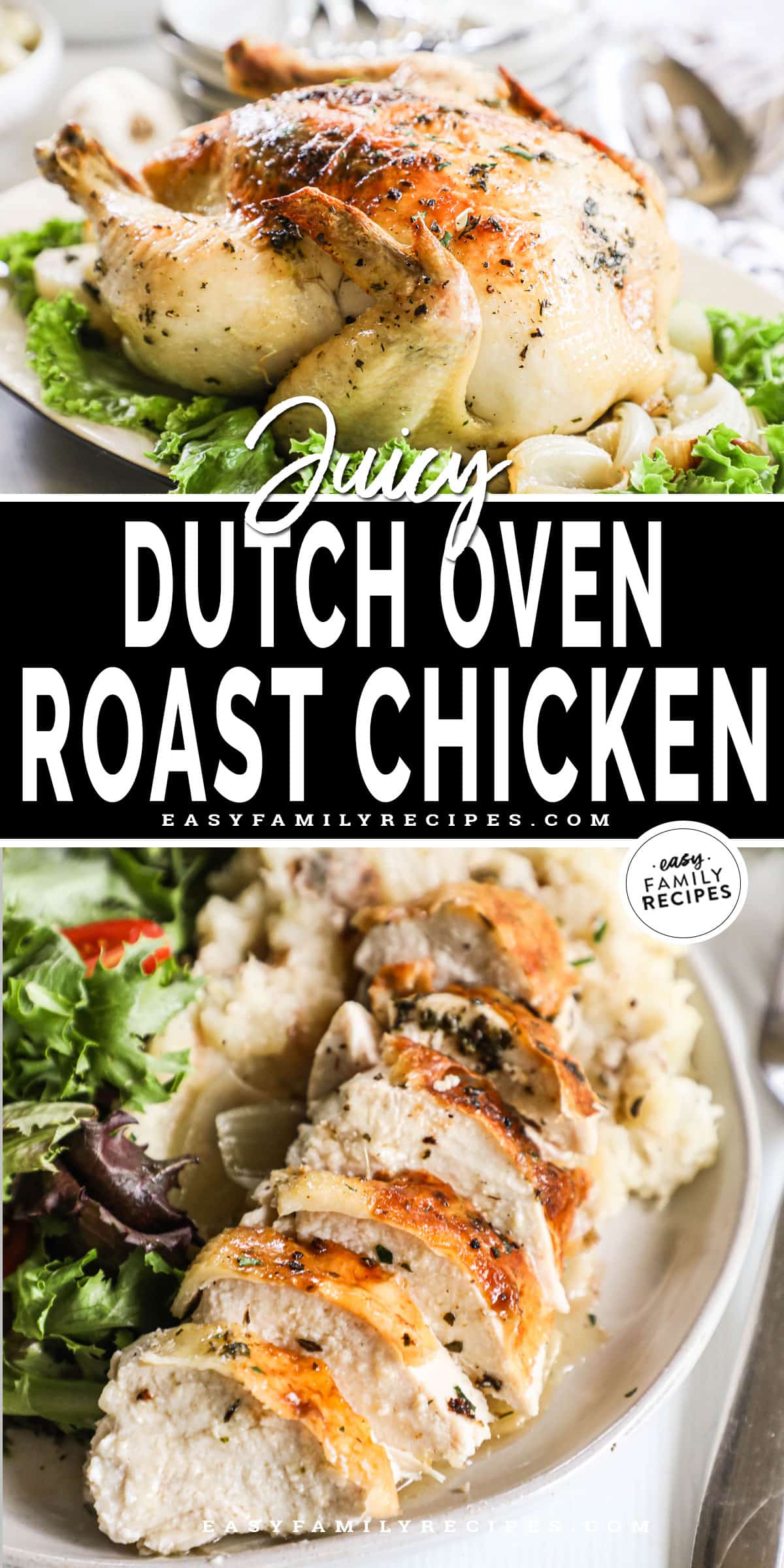 Top photo: whole Dutch oven roast chicken, bottom photo: sliced Dutch oven chicken