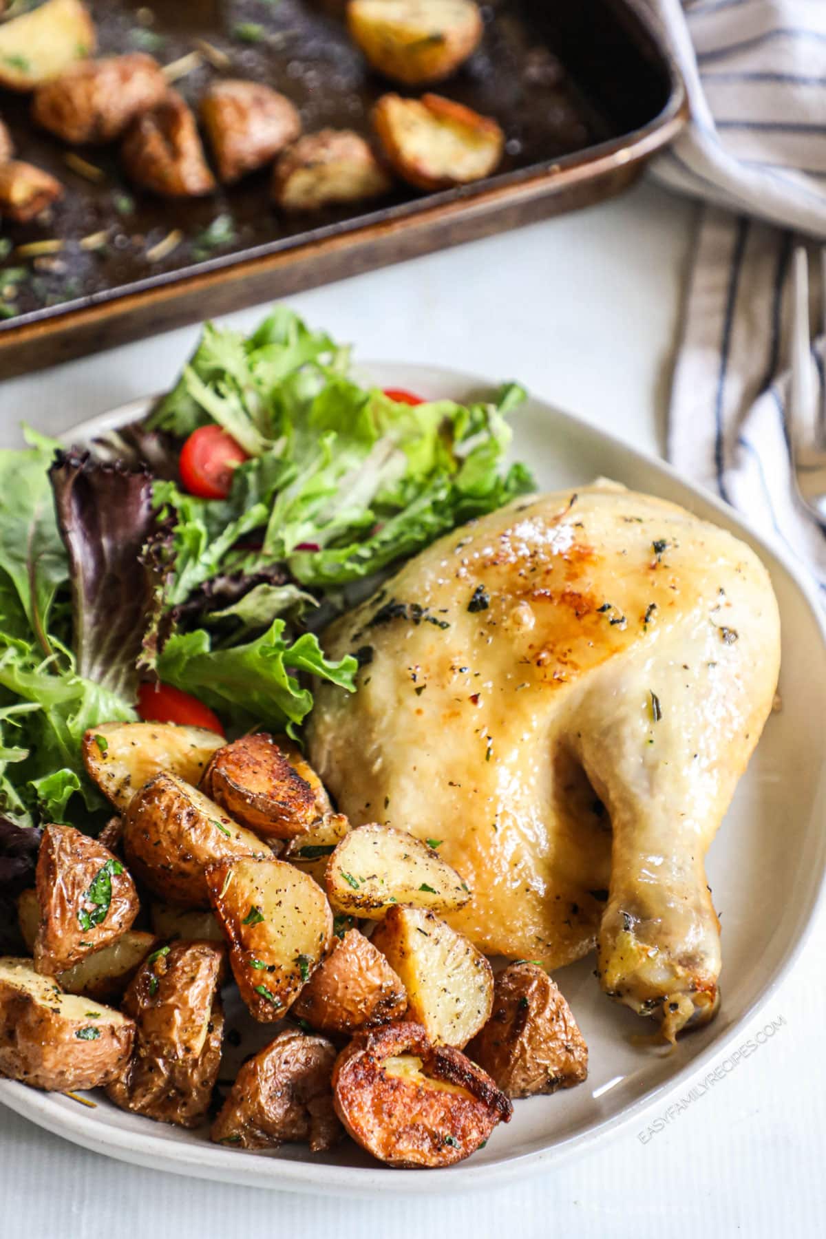 Roast chicken on plate with salad and roasted potatoes