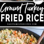 2 image vertical collage of turkey fried rice in a skillet before and after ingredients are combined.