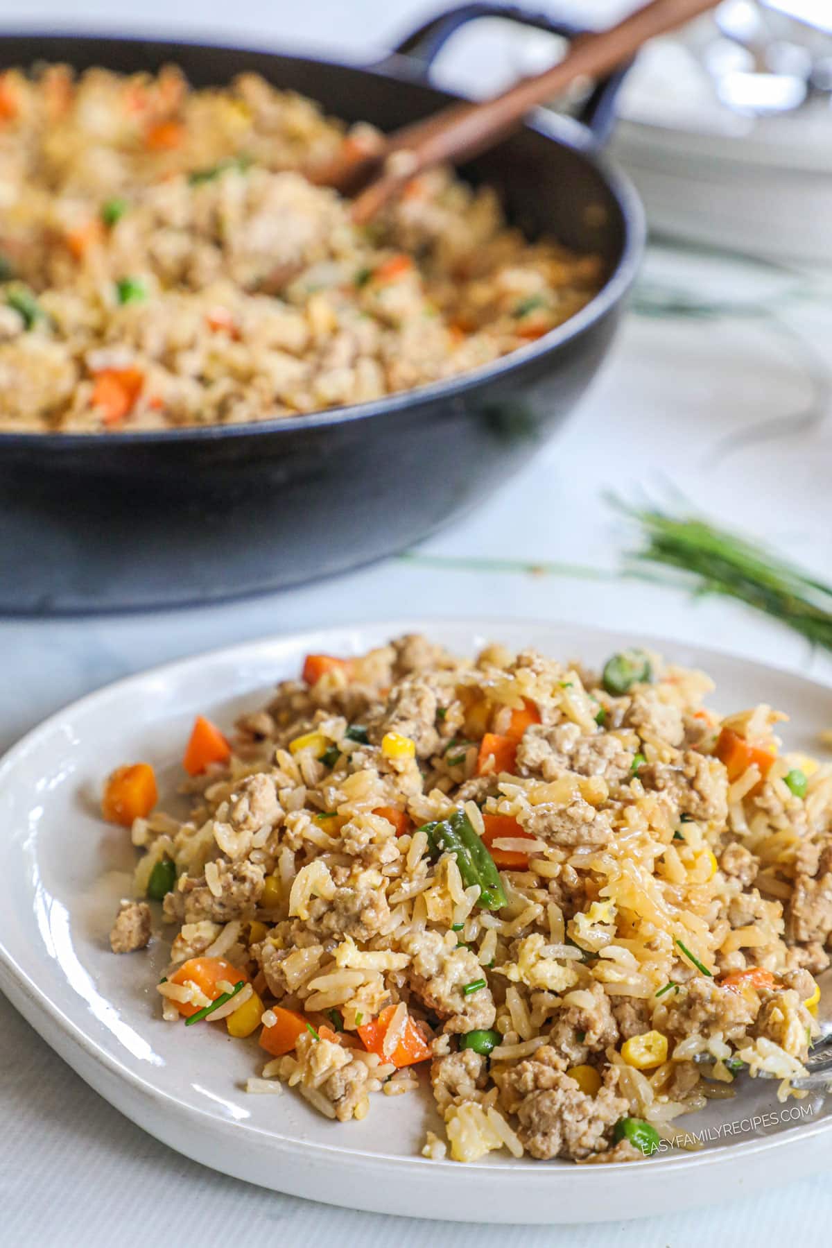 Plate of turkey fried rice full of veggies with skillet nearby.