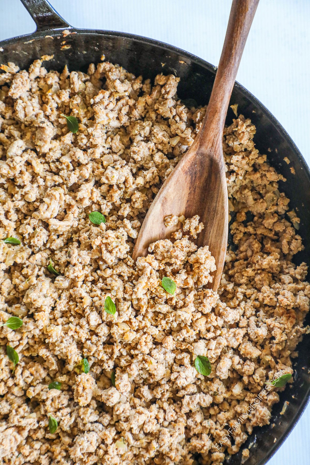 Ground turkey cooked with ground turkey seasoning in a skillet